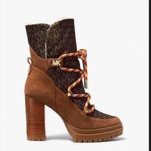 MICHAEL Michael Kors Culver Brown Suede & Logo Lace-Up Lug Heel Boot